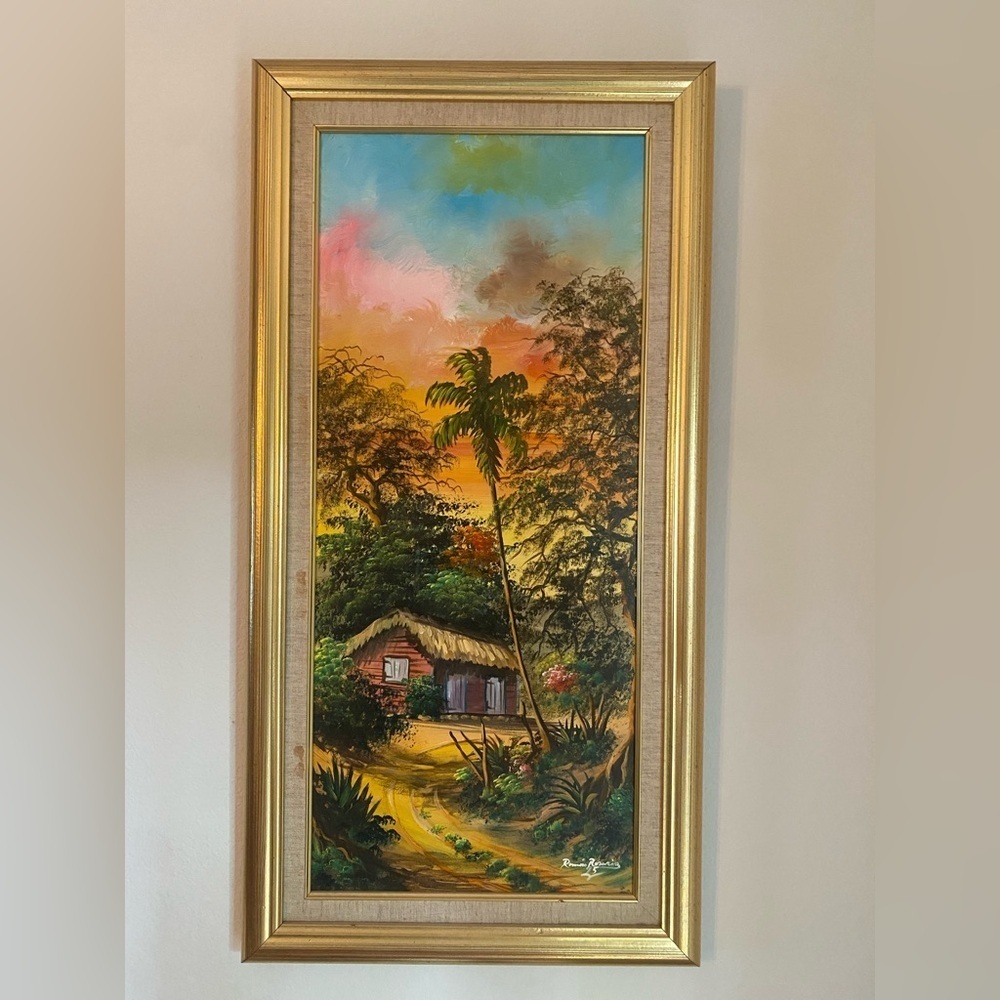 Vintage Original Oil Painting Tropical Village Scene Signed Román Rosario Framed